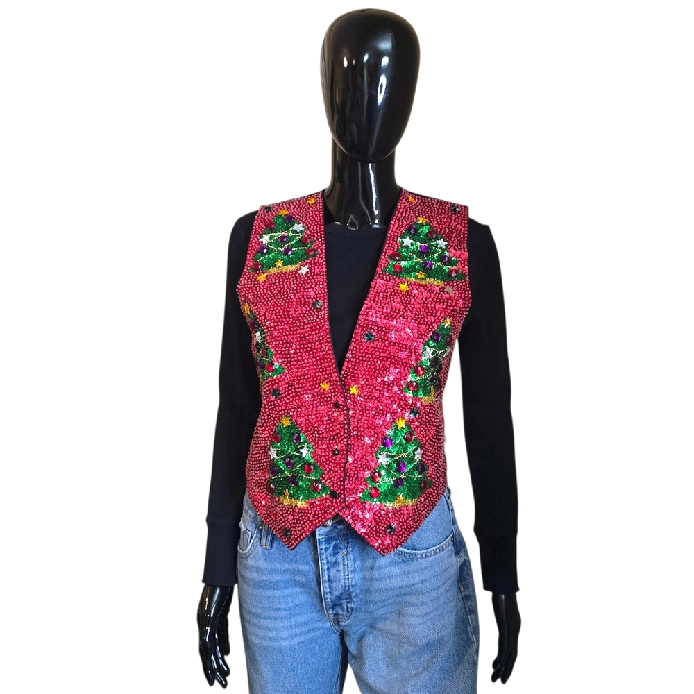 Vintage 90s JC Christmas Tree Sequin and Jewel Vest | Size Small - Picture 5 of 17